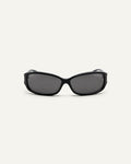 Face shot of Bonnie Clyde Joans sunglasses in black with black lenses.