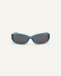 Face shot of Bonnie Clyde Joans sunglasses in blue and black.