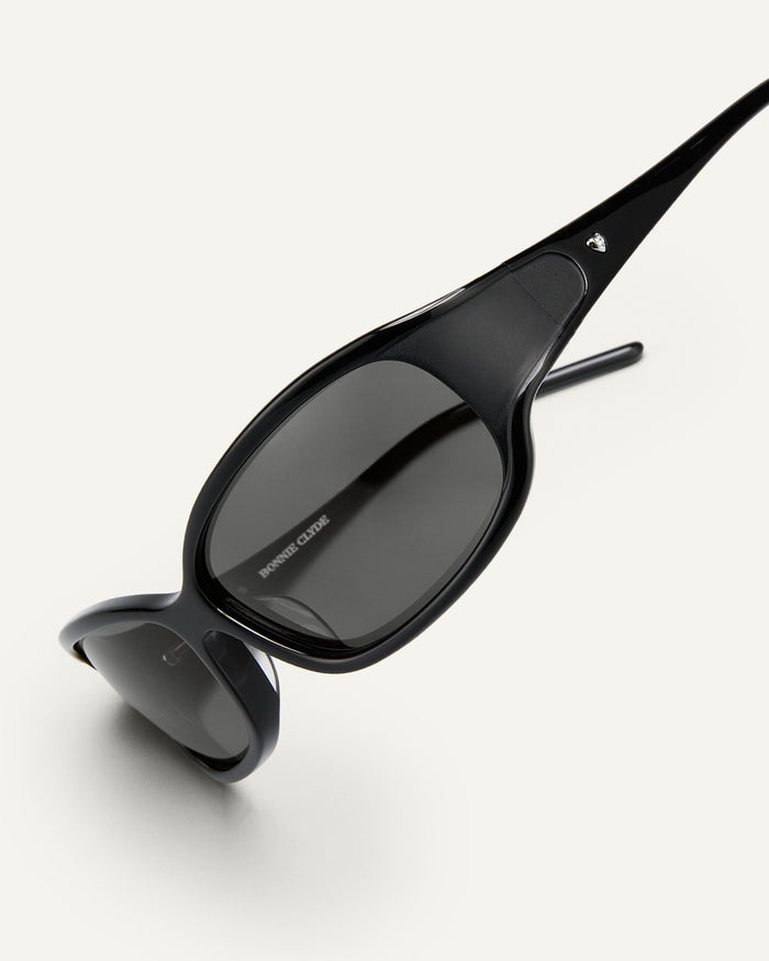 Additional view of Bonnie Clyde Joans sunglasses in black with black lenses.