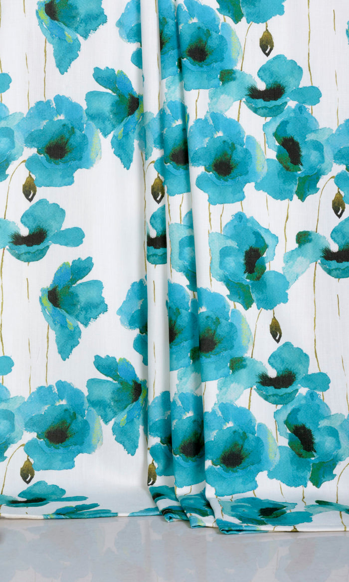 Water Lilies Floral Window Treatments Fabric By the Metre (Blue)