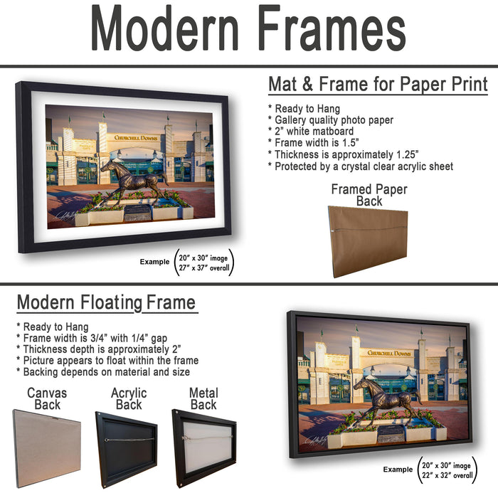 The image is a collage of two framed pictures, one of a horse and the other of a building, both featuring modern designs.