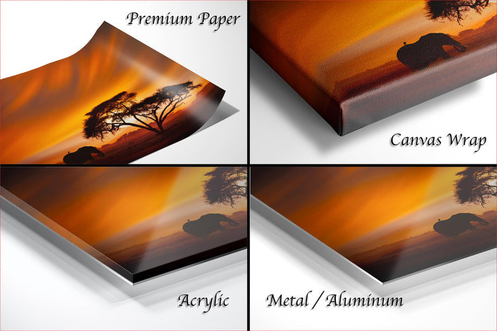 The image is a collage of four different images depicting a sunset landscape, with the top left image being a premium paper print, the top right image being a canvas wrap, the bottom left image being an acrylic print, and the bottom right image being a metal or aluminum print.