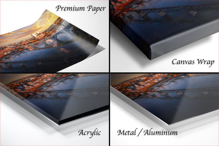 The image is a collage of four different images, each depicting a cityscape at sunset. The images are labeled as "Premium Paper", "Canvas Wrap", "Acrylic", and "Metal/Aluminum".