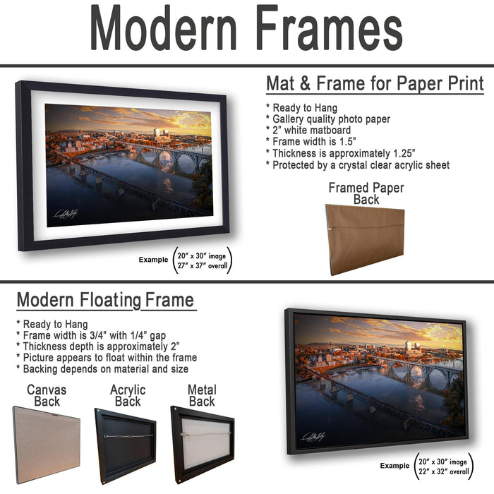 The image is a collage of three framed artworks, each with different frame types and backings. The first frame is a mat and frame for a paper print, the second frame is a modern floating frame, and the third frame is a mat and frame for a printed back.