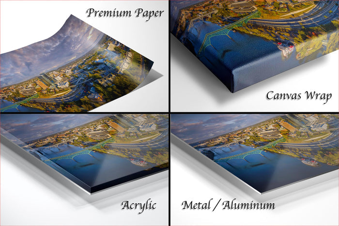The image is a collage of four different views of a cityscape, each with a distinct finish: "Premium Paper", "Canvas Wrap", "Acrylic", and "Metal/Aluminum".