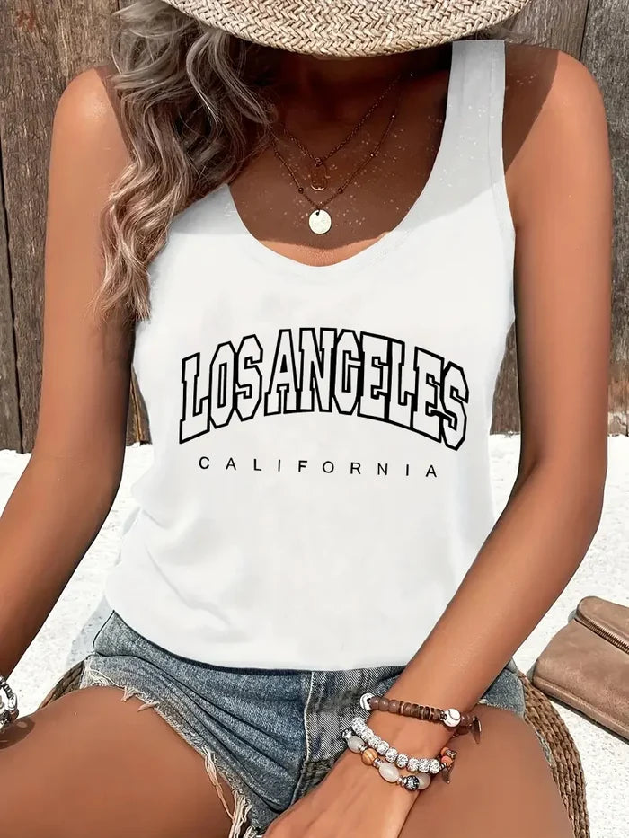LA California Letter Print Sleeveless Tank Top – Crew Neck Vest Tee