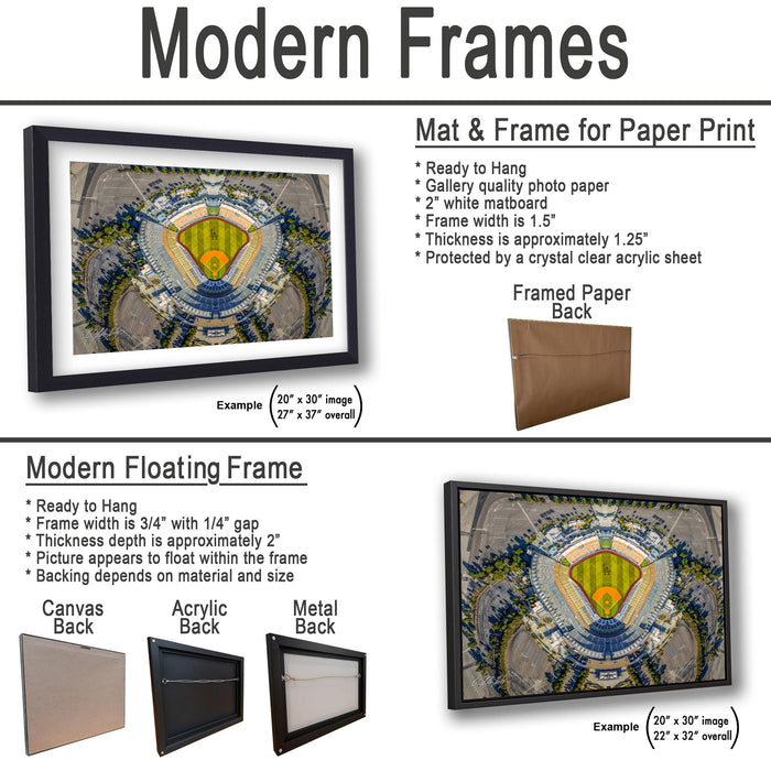 The image is a collage of various framed artworks, including a mat and frame for a paper print, a modern floating frame, and a framed paper back.