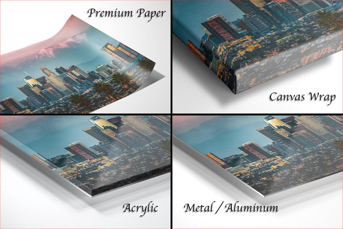 The image is a collage of four different views of a cityscape, each with a distinct finish: "Premium Paper", "Canvas Wrap", "Acrylic", and "Metal/Aluminum".