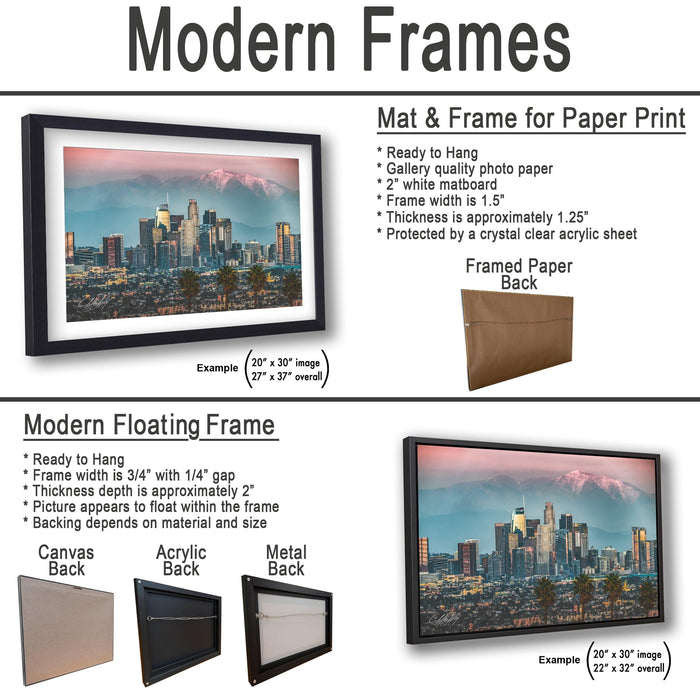 The image is a collage of two framed cityscape photographs, one of which is a modern floating frame and the other a mat and frame for paper print.