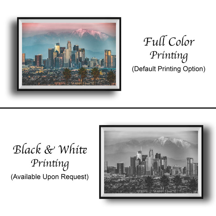 The image is a collage of two framed cityscape photographs. The top photograph is a full-color print of a city skyline, while the bottom photograph is a black and white print of the same city skyline. Both prints are framed and available upon request.