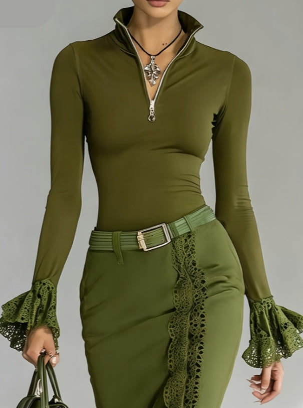 Lace-Trim Stand Collar Zip-Up Top
