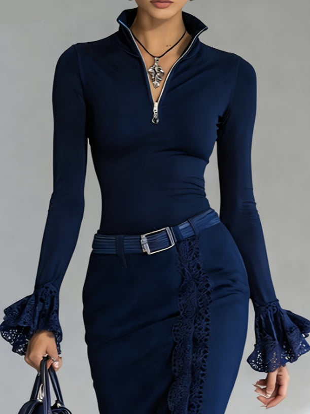 Lace-Trim Stand Collar Zip-Up Top