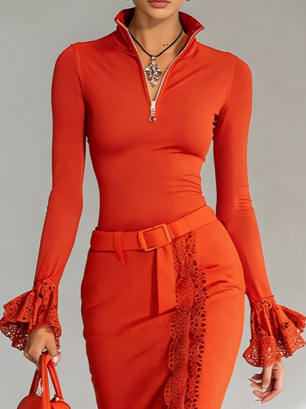 Lace-Trim Stand Collar Zip-Up Top