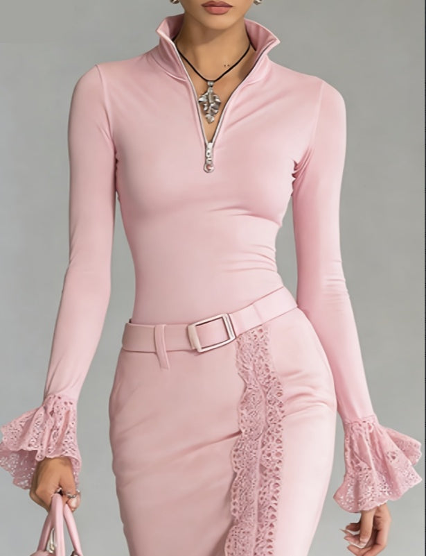 Lace-Trim Stand Collar Zip-Up Top