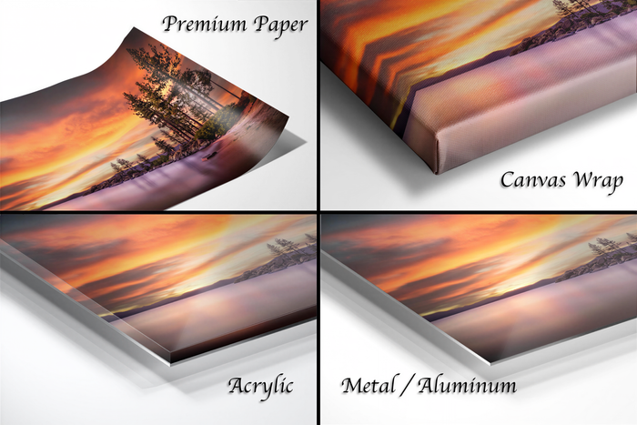 The image is a collage of four different views of a sunset landscape, each with a different finish or material. The text labels the images as "Premium Paper", "Canvas Wrap", "Acrylic", and "Metal/Aluminum".
