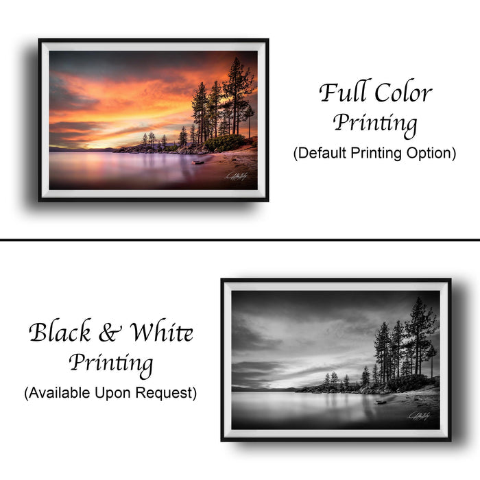 The image is a collage of two framed landscape photographs. The top photograph is a full-color print of a sunset over a lake, while the bottom photograph is a black and white print of the same sunset over the lake. Both images feature the same sunset and lake scene, but with different color tones. The text below the images indicates that the full-color print is available upon request.