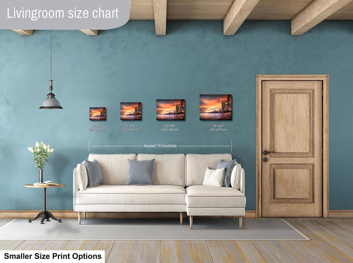a living room with a white sofa, a wooden door, and a hanging light fixture. Above the sofa, there is a size chart indicating the dimensions of the artwork displayed on the wall.