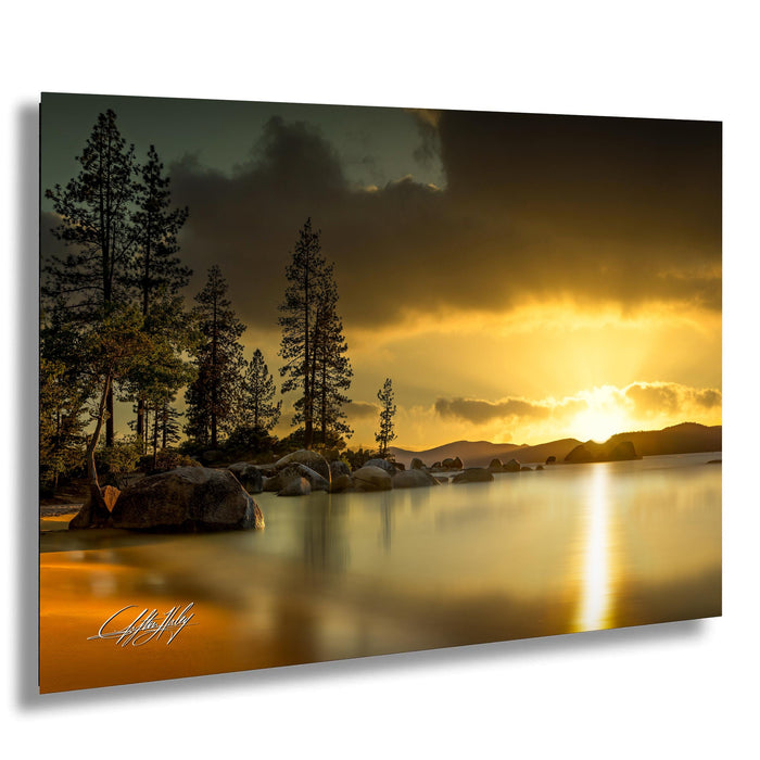 a serene landscape with a calm lake reflecting the warm hues of a sunset, surrounded by tall trees and rocky outcroppings.