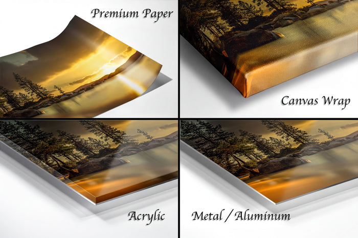 The image is a collage of four different views of a landscape, including a sunset over a body of water, a close-up of a tree-filled forest, a close-up of a rocky shore, and a close-up of a tree-filled forest.