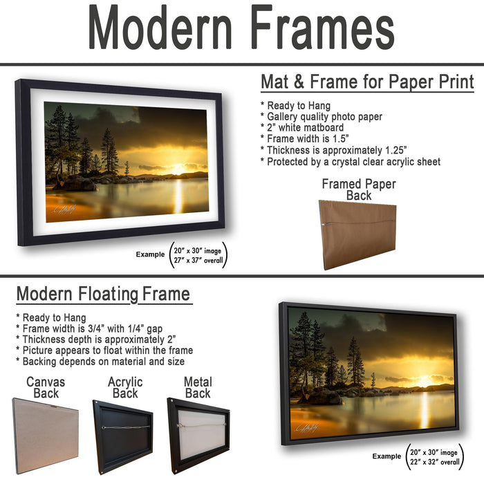 The image is a collage of three framed artworks, each with a different frame style and backing material. The first frame is a mat and frame for a paper print, the second frame is a modern floating frame, and the third frame is a mat and frame for a canvas print.