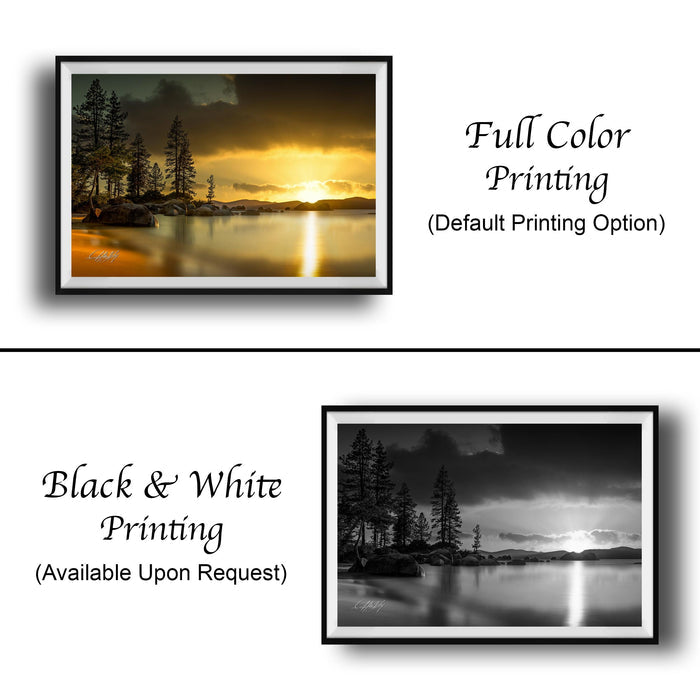 The image is a collage of two framed pictures. The top picture is a full color print of a serene landscape with a lake and trees, while the bottom picture is a black and white print of the same landscape. Both pictures are framed and available upon request.