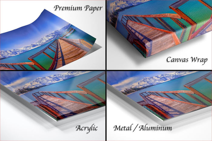 The image is a collage of four different views of a wooden bridge over a body of water, with each view labeled as either "Premium Paper", "Canvas Wrap", "Acrylic", or "Metal/Aluminum".