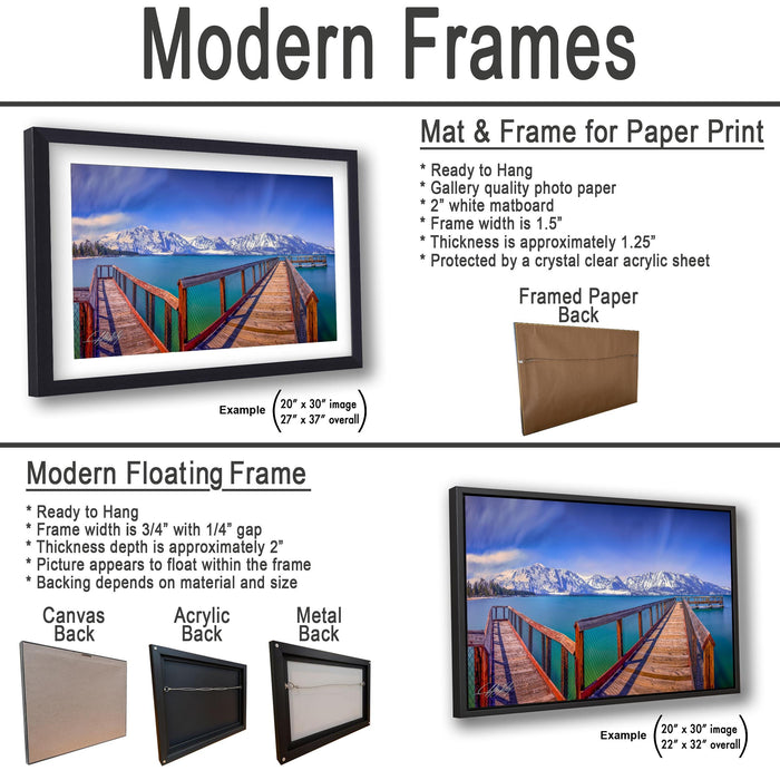 The image is a collage of two framed pictures, one of a wooden pier and the other of a mountain range. The collage features a variety of frame options, including a mat and frame for paper print, a modern floating frame, and a framed paper back. The image also includes examples of mat and frame sizes, as well as the thickness of the mat and the frame.