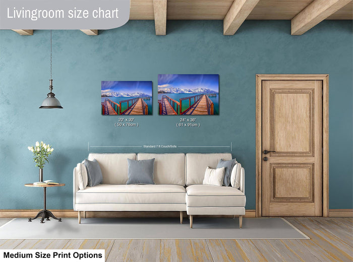 a living room with a white sofa, a wooden door, and a painting of a bridge in the background. The painting is of a scenic landscape with a wooden bridge and mountains in the distance. The living room appears to be well-lit and decorated with a vase of flowers on a table.