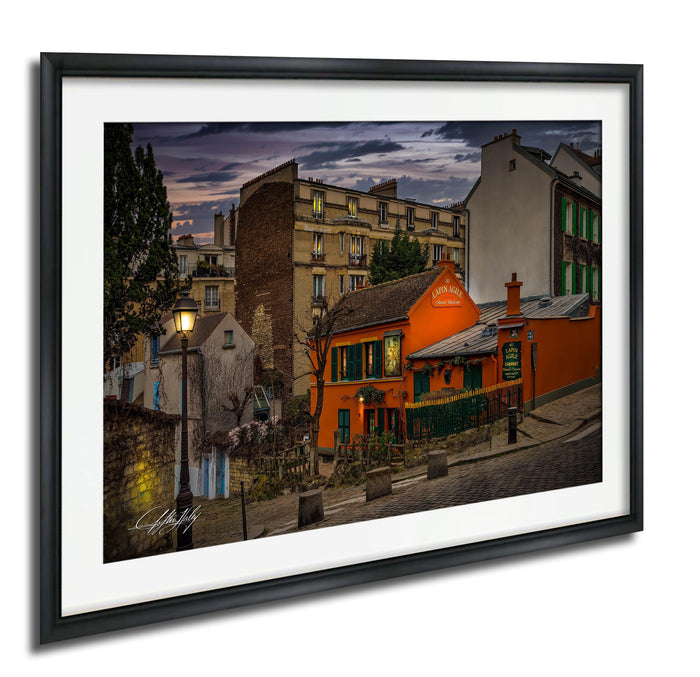 a charming street scene in Paris, France, with colorful buildings, a cobblestone street, and a warm, inviting atmosphere.
