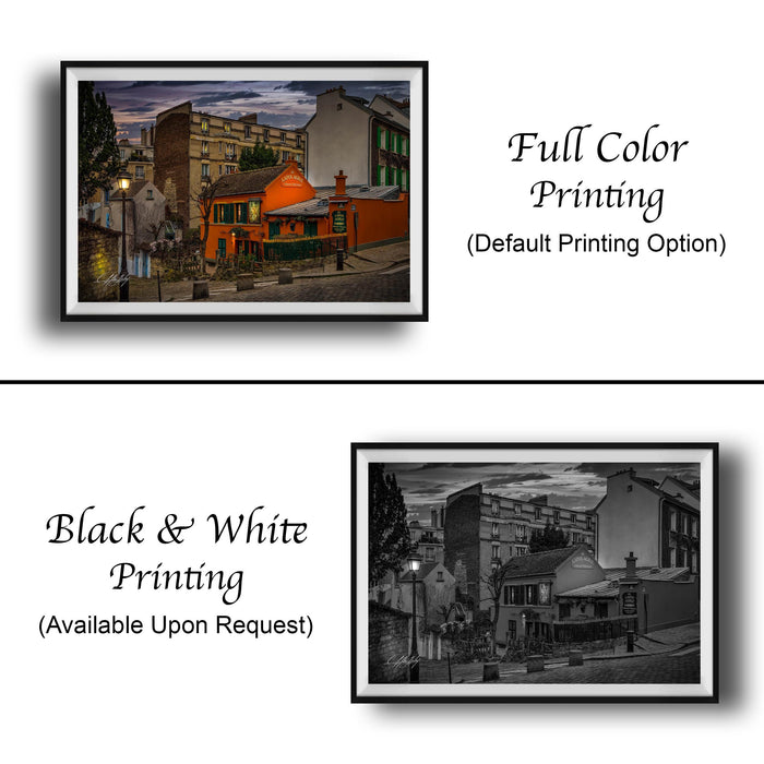 The image is a collage of two framed pictures, one in black and white and the other in full color. The black and white picture depicts a city street scene, while the full color picture shows a cityscape with buildings and a street lamp. Both pictures are labeled as "Full Color Printing (Default Printing Option)" and are available upon request.