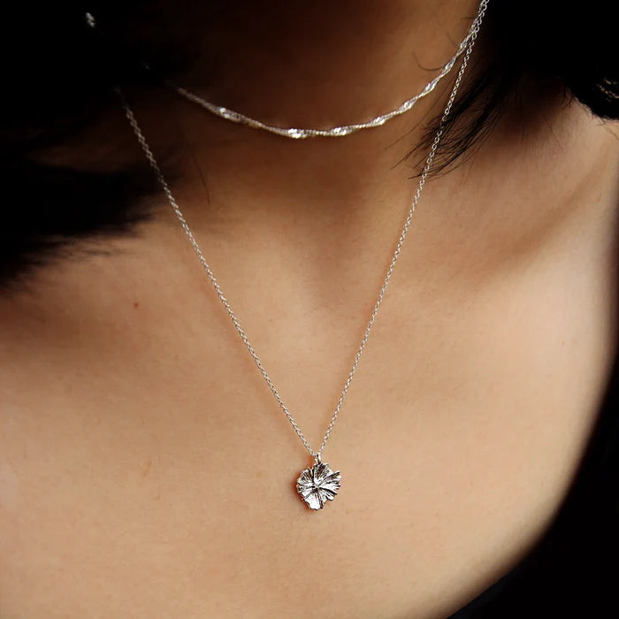 Larger Wildflower Necklace in sterling silver, alternate angle detail view