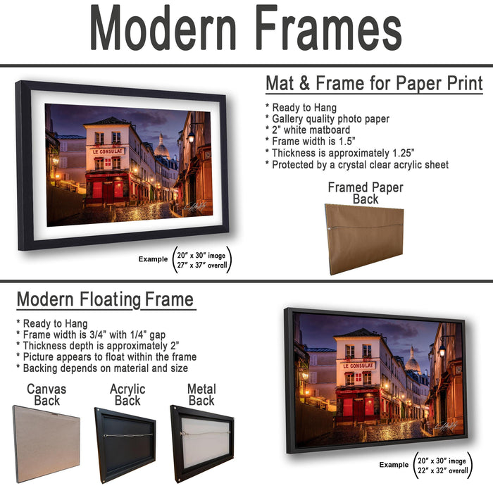 The image is a collage of two framed pictures, one of a city street at night and the other of a building. The collage is labeled as "Modern Frames" and includes various frame options such as mat and frame for paper print, modern floating frame, and framed paper back.