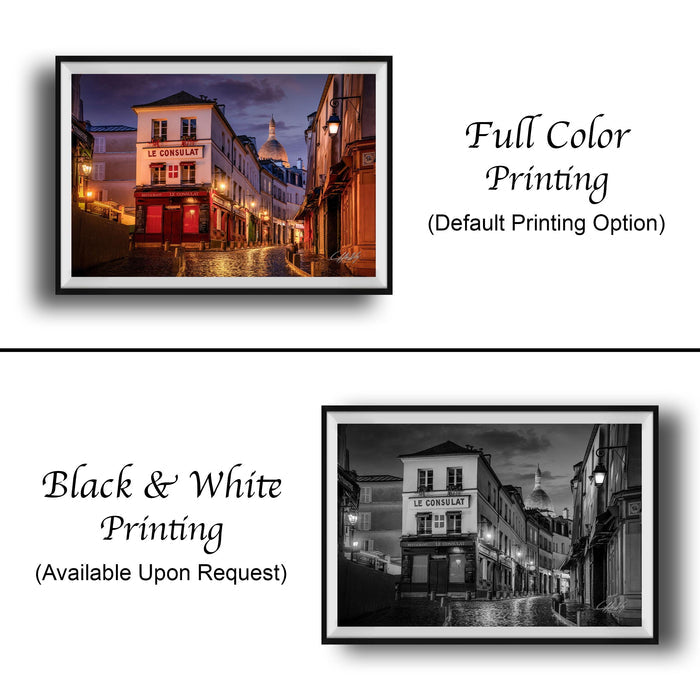 The image is a collage of two framed pictures. The left frame shows a full-color image of a city street at night, while the right frame is a black and white version of the same city street. The text below the images indicates that the full-color version is available upon request.