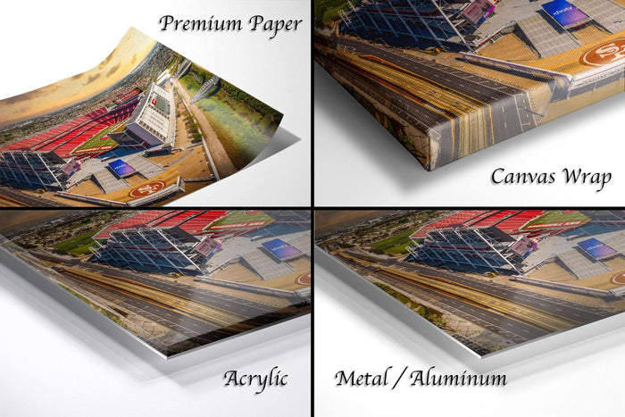 The image is a collage of four different views of a large stadium, with each view presented in a different medium: a printed paper, a canvas wrap, an acrylic print, and a metal/aluminum print.