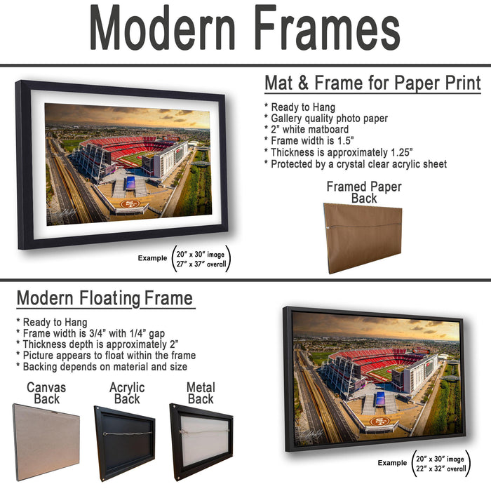 The image is a collage of three framed pictures, each with different frame types and backings. The first frame is a mat and frame for a paper print, the second frame is a modern floating frame, and the third frame is a mat and frame for a paper print.