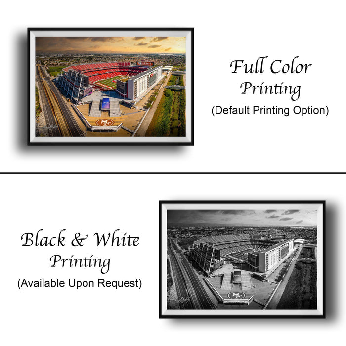 The image is a collage of two framed pictures. The top picture is a full color print of a stadium, while the bottom picture is a black and white print of the same stadium. Both pictures are framed and available upon request.