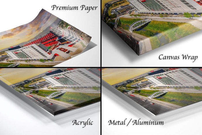 four different views of a large building, with each view labeled as either "Premium Paper", "Canvas Wrap", "Acrylic", or "Metal/Aluminum".