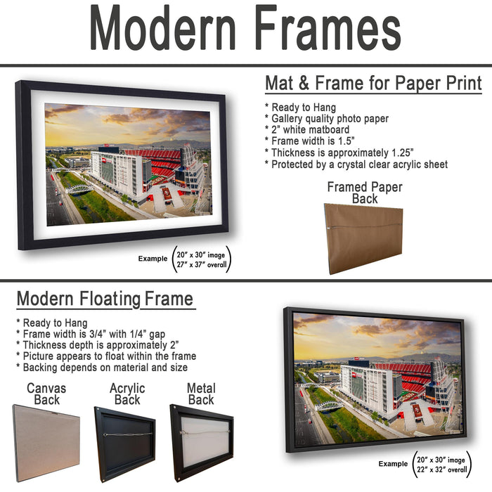 The image is a collage of two framed pictures, one of a modern floating frame and the other of a mat and frame for paper print. The collage features a variety of frames and frames for paper print, including a mat and frame for a printed back, a modern floating frame, and a mat and frame for a printed back. The collage showcases different frame options and their corresponding sizes, such as 20" x 30" and 22" x 32" images.