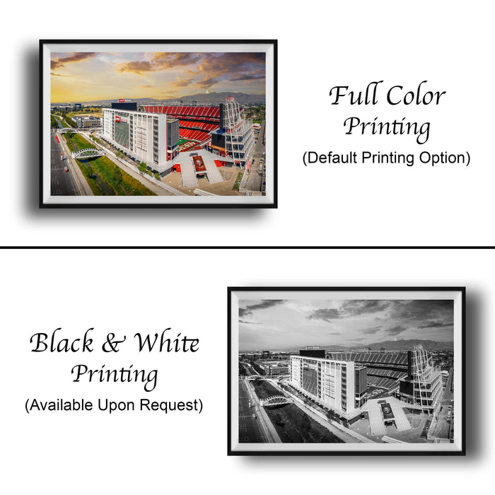 The image is a collage of two framed pictures. The left frame shows a full color image of a large building, while the right frame is a black and white image of the same building. The text below the images indicates that the full color printing is available upon request, and the black and white version is also available.
