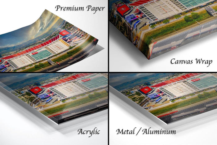 four different views of a printed image, including a premium paper, a canvas wrap, an acrylic, and a metal/aluminum.