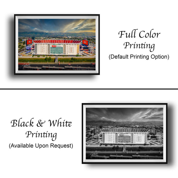 The image is a collage of two framed pictures. The top picture is a full color image of a stadium, while the bottom picture is a black and white image of the same stadium. The text below the images indicates that the full color printing is available upon request, and the black and white version is not.