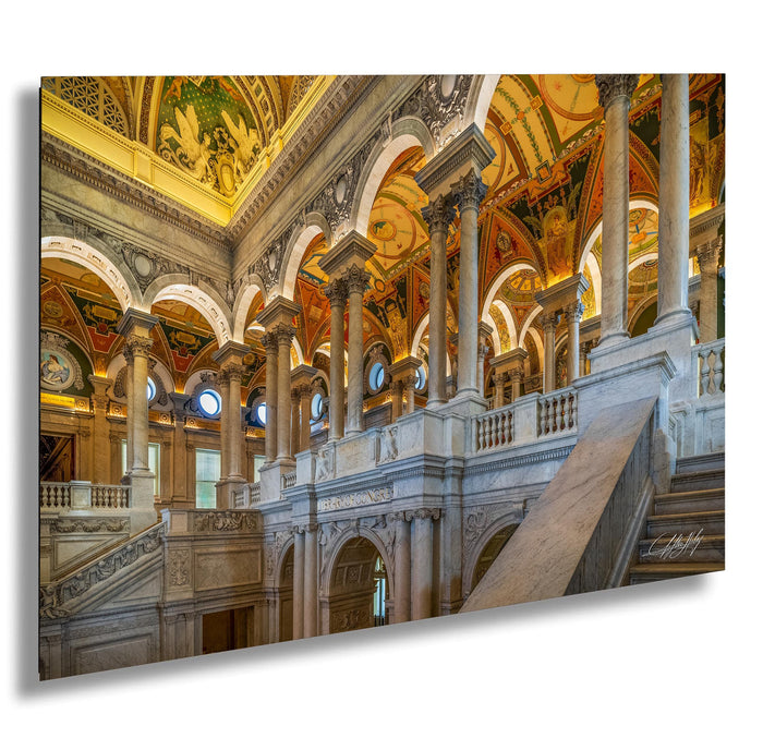 This luxury fine art photograph captures the grand interior architecture of the Library of Congress in Washington DC. Marble columns, ornate ceilings, and classical symmetry create a refined composition rooted in American national history and cultural legacy. Ideal for collectors, professionals, and interior designers seeking museum-quality wall art that embodies intellect, heritage, and timeless elegance.