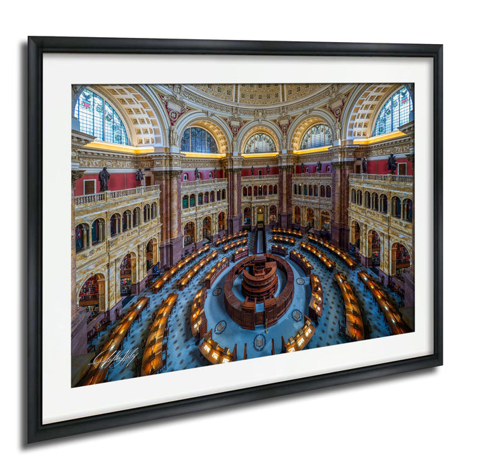 This luxury fine art photograph captures the grand interior architecture of the Library of Congress in Washington DC. Marble columns, ornate ceilings, and classical symmetry create a refined composition rooted in American national history and cultural legacy. Ideal for collectors, professionals, and interior designers seeking museum-quality wall art that embodies intellect, heritage, and timeless elegance.