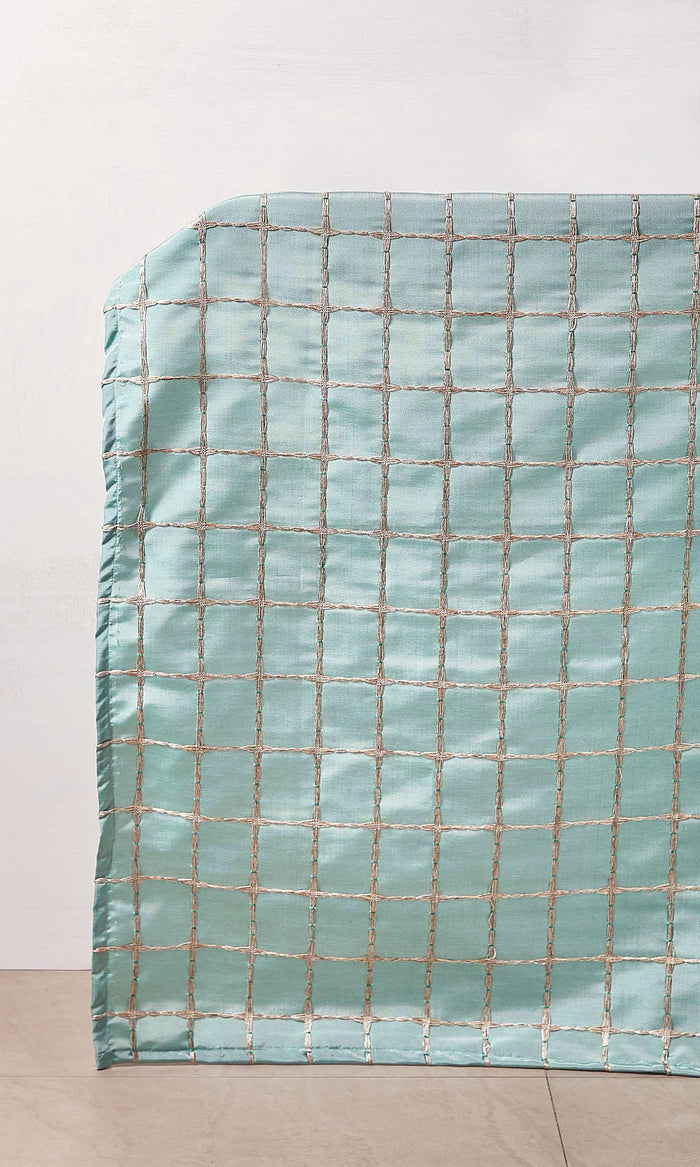 Embroidered Check Drapes for Living, Bedroom, Kitchen, Bathroom (Blue and Gold)