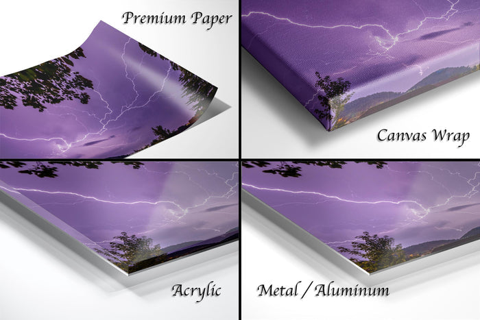 The image is a collage of four different images depicting a purple sky with lightning, each labeled with the type of material used to print the image: "Premium Paper", "Canvas Wrap", "Acrylic", and "Metal/Aluminum".