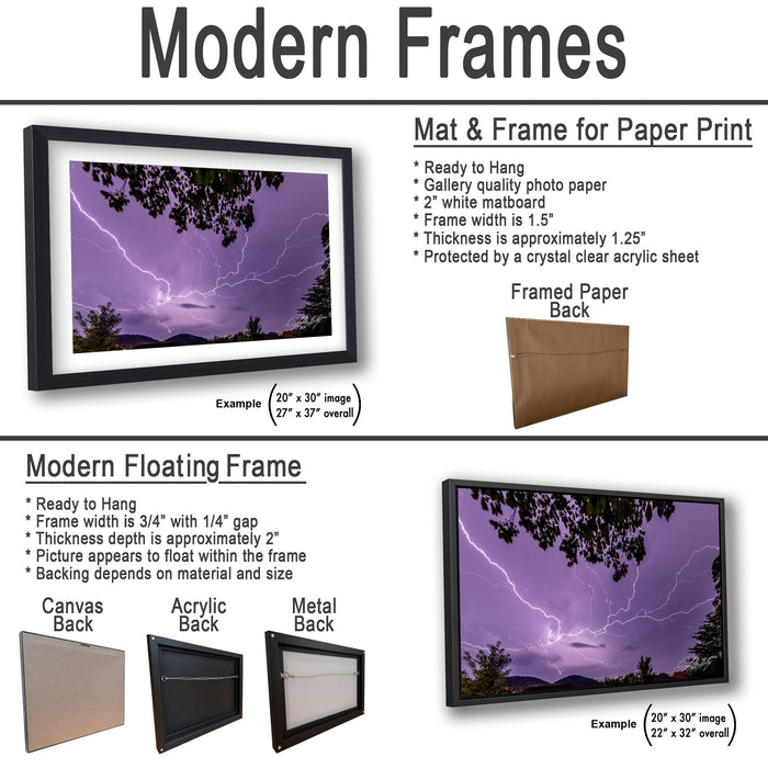 The image is a collage of two framed pictures, one of a lightning storm and the other of a sunset. The framed pictures are described as modern floating frames, which are ready to hang and have a frame width of 3/4" with a 1/4" gap. The lightning storm picture is hung on a black frame, while the sunset picture is hung on a white frame. The framed paper back is brown. The image is a collage of two pictures, and the text provides information about the frames and their sizes.