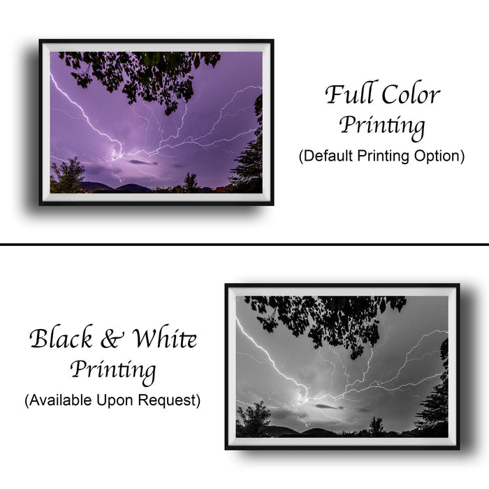 The image is a collage of two framed photographs. The top photograph is a full-color print of a stormy sky with lightning, while the bottom photograph is a black and white print of the same stormy sky. Both images are framed and available upon request.
