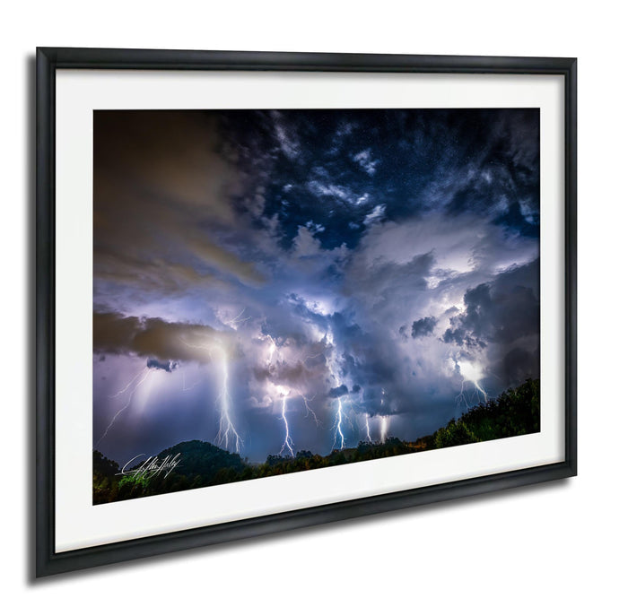 a dramatic and awe-inspiring thunderstorm, with bolts of lightning striking across the sky and creating a stunning display of light and power.