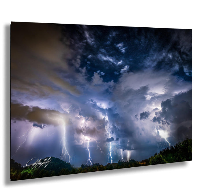a dramatic and awe-inspiring thunderstorm, with bolts of lightning streaking across the sky and dark, ominous clouds looming overhead.