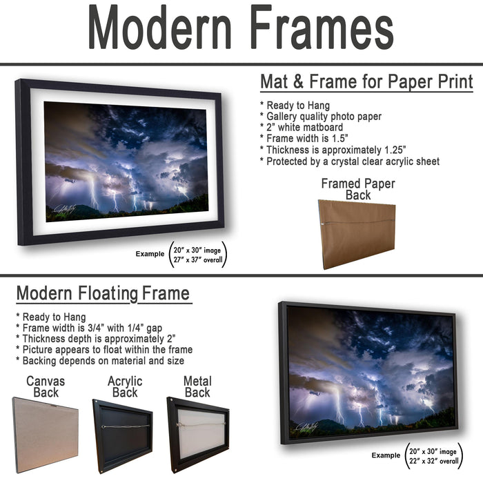 The image is a collage of two framed pictures, one of a lightning storm and the other of a mountain landscape. The framed picture is a mat and frame for a paper print, while the other is a modern floating frame.